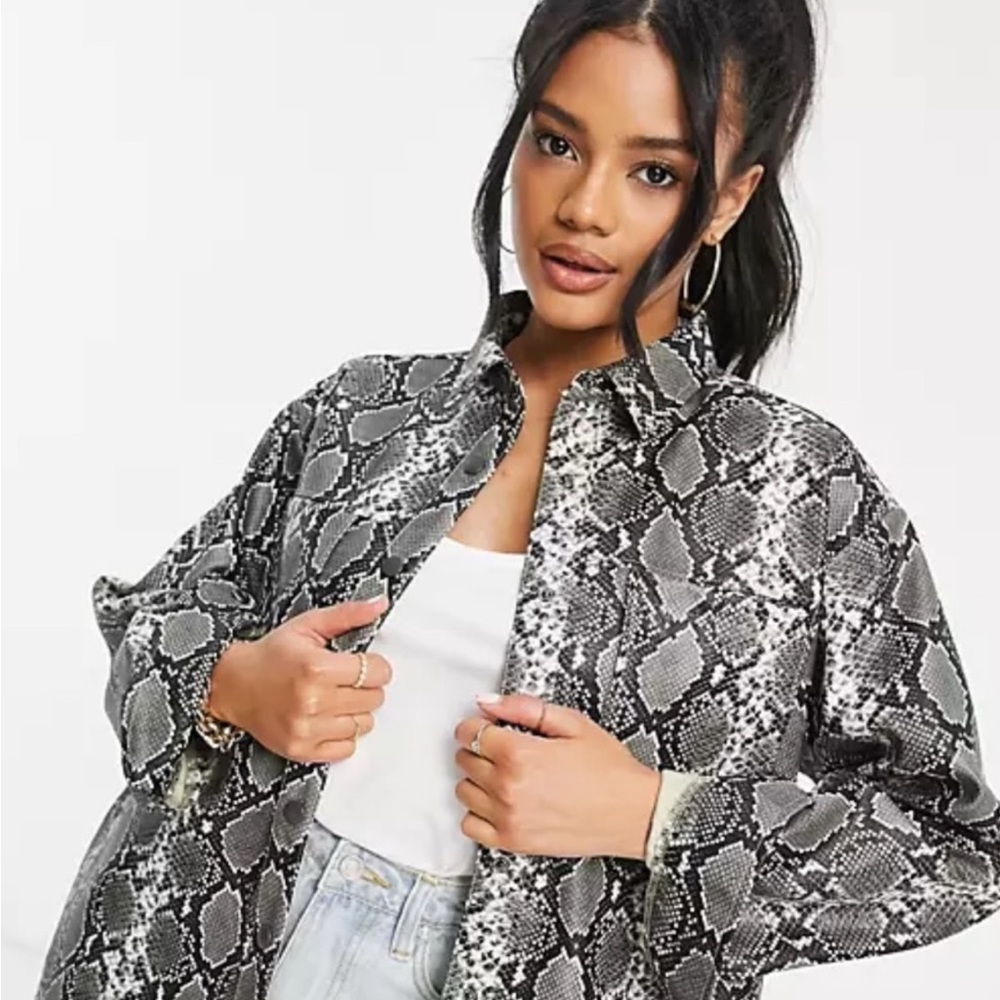ASOS Design Pleather Snakeskin Button Up Oversized Shacket - Picture 2 of 16